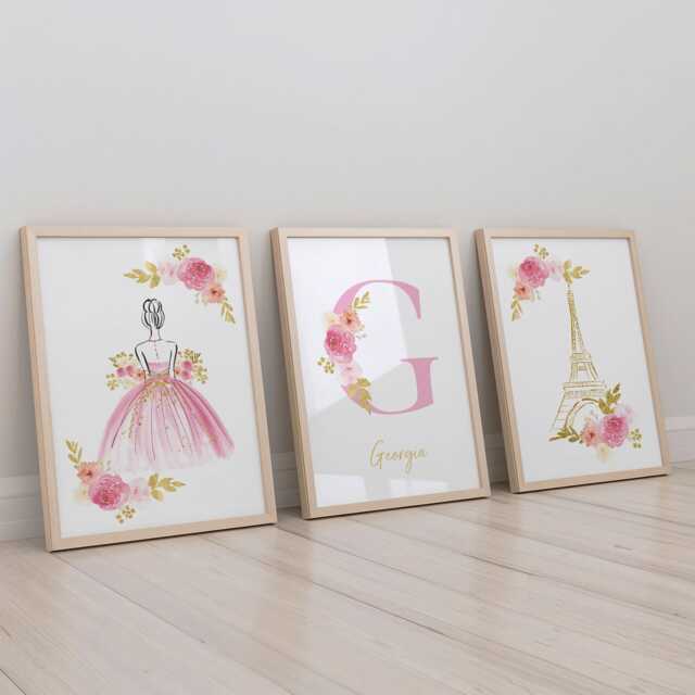 Princess Paris Girls Bedroom Prints Pink Floral Nursery Decor - Set Of 3 - image 1