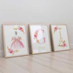 Princess Paris Girls Bedroom Prints Pink Floral Nursery Decor - Set Of 3 - thumbnail 1