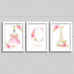 Princess Paris Girls Bedroom Prints Pink Floral Nursery Decor - Set Of 3 - thumbnail 3