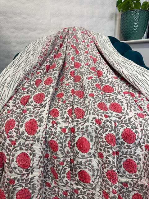 Kantha Stitch Pure Cotton Reversible Bed/Sofa Throw King Size - Handmade Handprinted Floral Dohar Elegant White Grey Pink Country - image 1