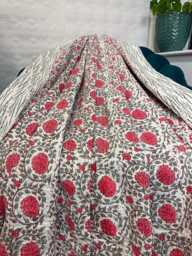 Kantha Stitch Pure Cotton Reversible Bed/Sofa Throw King Size - Handmade Handprinted Floral Dohar Elegant White Grey Pink Country - thumbnail 1