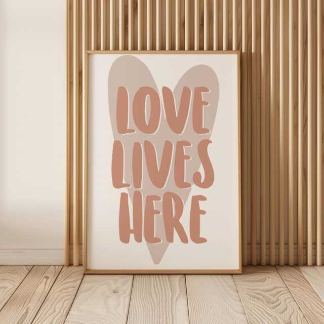Love Lives Here Wall Art Print -- Neutral Typography Poster, Modern Minimal Home Decor, Nursery Bedroom Living Room Art, Unframed - image 1
