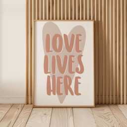Love Lives Here Wall Art Print -- Neutral Typography Poster, Modern Minimal Home Decor, Nursery Bedroom Living Room Art, Unframed - thumbnail 1