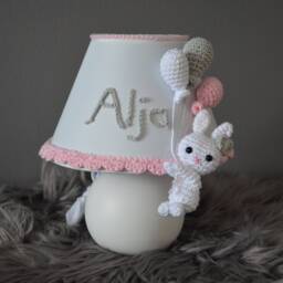 Personalized Baby Lamp, Pink & Gray Nursery Crochet Lamp, Lampshade, Handmade, Table Nursery Decor - thumbnail 2