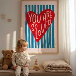You Are So Loved Print, Red Heart Girls Bedroom Decor, Nursery Wall Art, Love Home Living Room Print - thumbnail 2