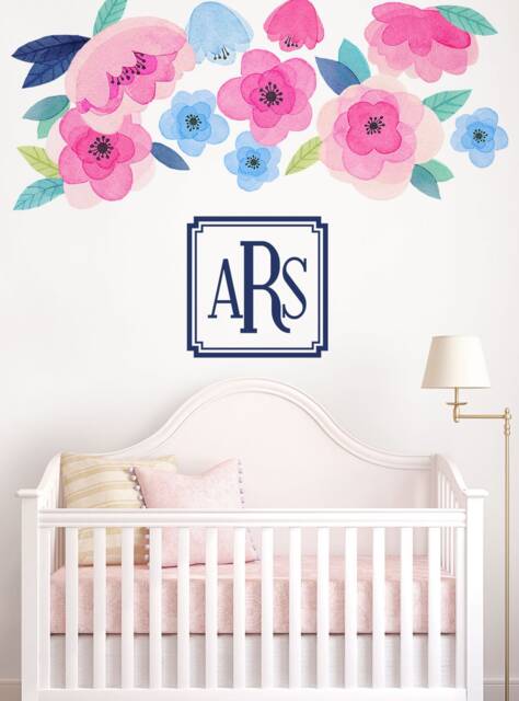 Watercolor Flower Wall Stickers Pink & Blue Blooms, Kids Room Decor - image 1