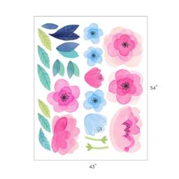 Watercolor Flower Wall Stickers Pink & Blue Blooms, Kids Room Decor - thumbnail 4
