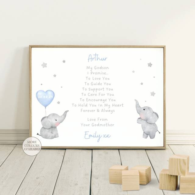 Personalised Elephant Godson Print - Christening Gift For Baptism Gifts For Girl Boys - image 1