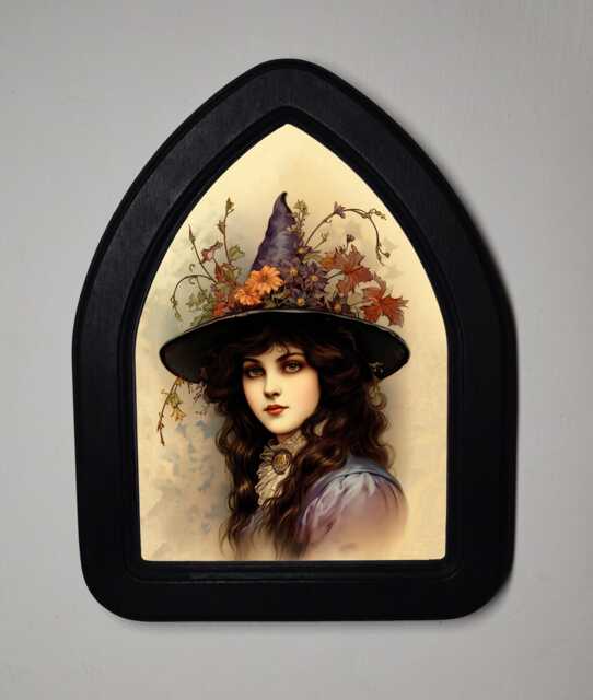 Halloween Black Gothic Arch Wooden Framed Picture, Print, Witchy Wall Hanging, Portrait Of A Witch - image 1
