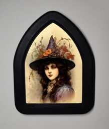 Halloween Black Gothic Arch Wooden Framed Picture, Print, Witchy Wall Hanging, Portrait Of A Witch - thumbnail 1