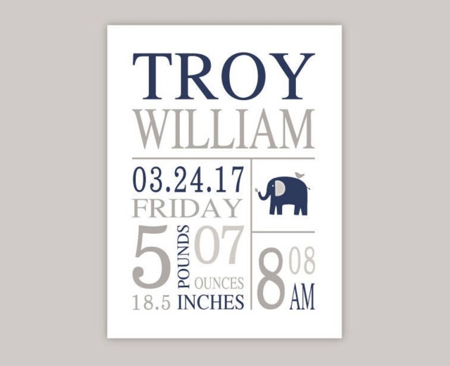 Elephant Birth Stats Print Or Canvas, Baby Boy Nursery Wall Art, Navy Blue Gray Wall Decor, Elephant Art, Birth Keepsake - image 1