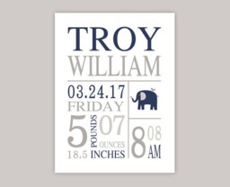 Elephant Birth Stats Print Or Canvas, Baby Boy Nursery Wall Art, Navy Blue Gray Wall Decor, Elephant Art, Birth Keepsake - thumbnail 1