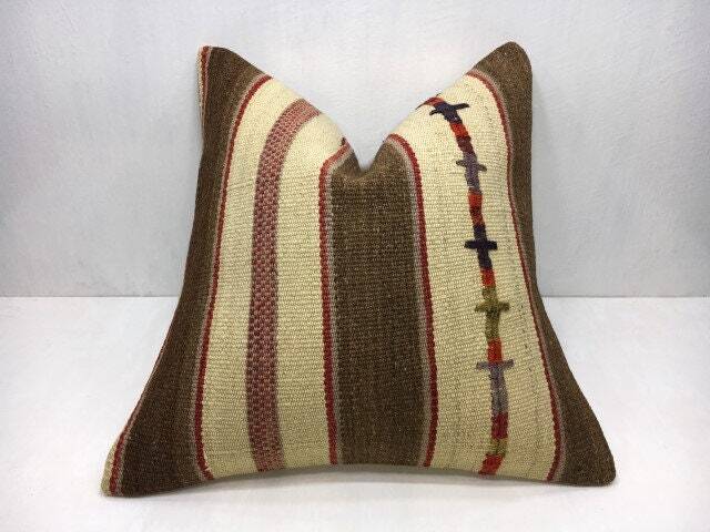 Vintage Turkish Kilim Pillow Cover, Handwoven Accent Cushion - 20x20 - image 1