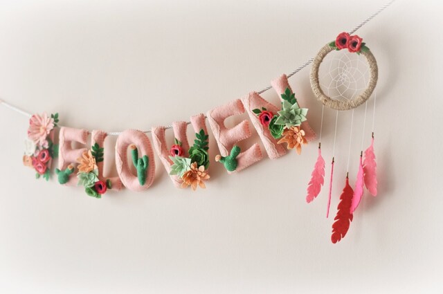 Floral Succulent Dreamcatcher Name Banner, Nursery Decor - image 1