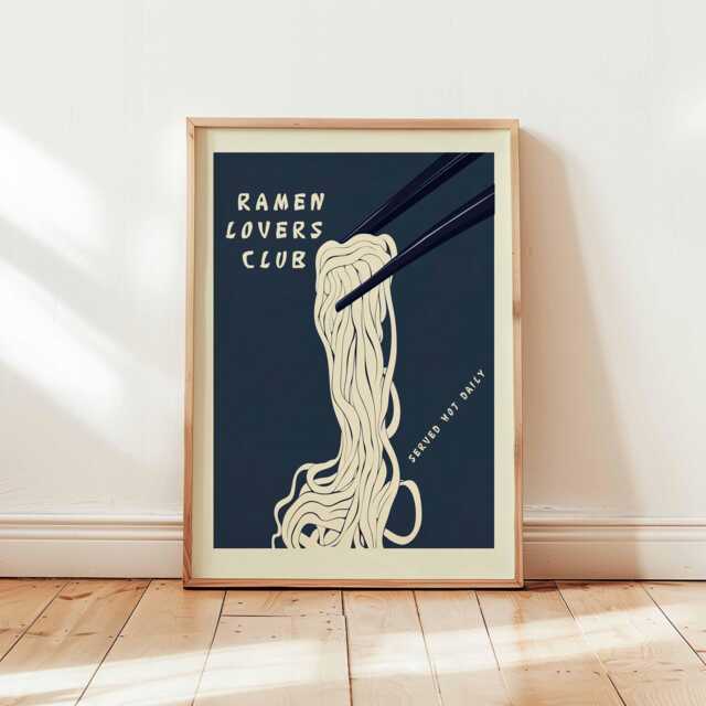Ramen Lovers Club Poster, Minimalist Noodle Wall Art, Modern Japanese Food Print, Dark Kitchen Decor, Unframed Illustration - image 1