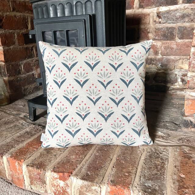 1295. Spray Block Print in Indigo - Linen Look, 100% Cotton Cushion Cover, Various Sizes - image 1
