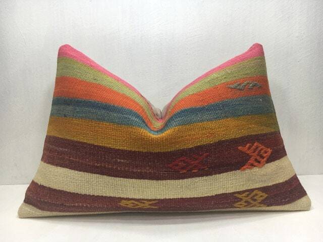 Vintage Kilim Lumbar Pillow Cover, Striped Turkish Cushion - 16x24 - image 1
