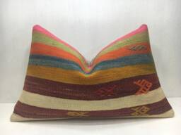 Vintage Kilim Lumbar Pillow Cover, Striped Turkish Cushion - 16x24