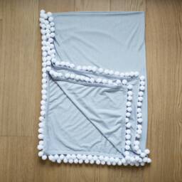 Pom Pom Blanket, Light Grey Baby Pastel Nursery Baby Shower Gift, Godmother Swaddling Blanket - thumbnail 3