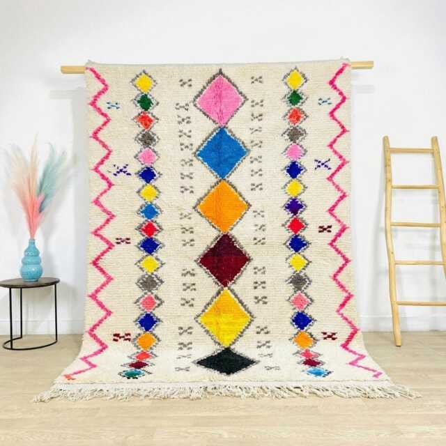 Moroccan Ivory Berber Rug, Handwoven Wool Shag Rug With Colorful Diamonds, Authentic Beni Ourain Style Carpet, Large 9x12 Area - image 1