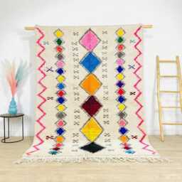 Moroccan Ivory Berber Rug, Handwoven Wool Shag Rug With Colorful Diamonds, Authentic Beni Ourain Style Carpet, Large 9x12 Area - thumbnail 1