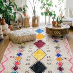 Moroccan Ivory Berber Rug, Handwoven Wool Shag Rug With Colorful Diamonds, Authentic Beni Ourain Style Carpet, Large 9x12 Area - thumbnail 3