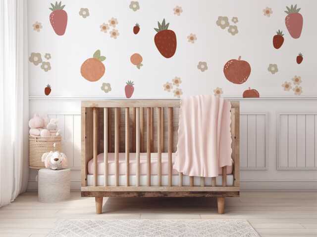 Strawberry Wall Decals Fruit Nursery Stickers, Decor, Boho Art, Peach Decals, Baby Girl Room Decor - image 1