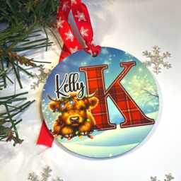 Personalized Highland Cow Christmas Ornament Tartan Name Bauble - thumbnail 4