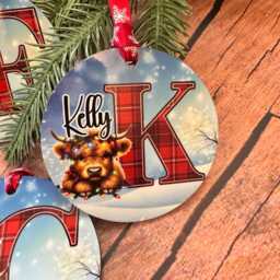 Personalized Highland Cow Christmas Ornament Tartan Name Bauble - thumbnail 3