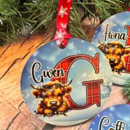 Personalized Highland Cow Christmas Ornament Tartan Name Bauble - thumbnail 2