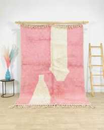 Moroccan Pink & White Berber Rug, Boho Nursery Handwoven Wool Shag Authentic Beni Ourain Carpet, Large 9x12 Area Rug - thumbnail 1