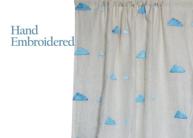 Ivory Linen Curtains, Curtains With Clouds Embroidery, Window Drapes, Kids Room Nursery Blue Drapes - image 1