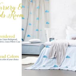 Ivory Linen Curtains, Curtains With Clouds Embroidery, Window Drapes, Kids Room Nursery Blue Drapes - thumbnail 2