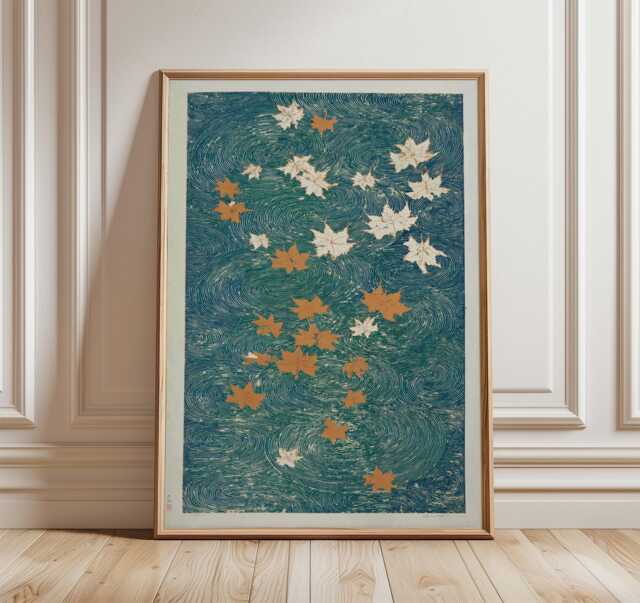 Autumn Maple Leaves Vertical River Poster, Japanese Minimalist Blue Wave Wall Art Print - image 1