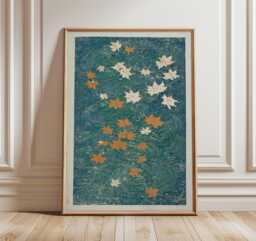 Autumn Maple Leaves Vertical River Poster, Japanese Minimalist Blue Wave Wall Art Print - thumbnail 1