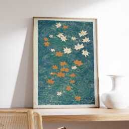 Autumn Maple Leaves Vertical River Poster, Japanese Minimalist Blue Wave Wall Art Print - thumbnail 2
