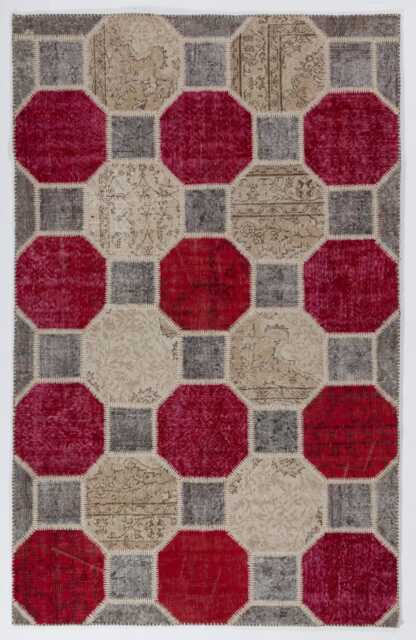 Red, Beige & Gray Handmade Turkish Patchwork Rug - image 1