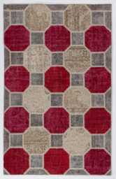 Red, Beige & Gray Handmade Turkish Patchwork Rug - thumbnail 1