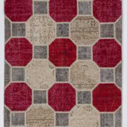 Red, Beige & Gray Handmade Turkish Patchwork Rug - thumbnail 2