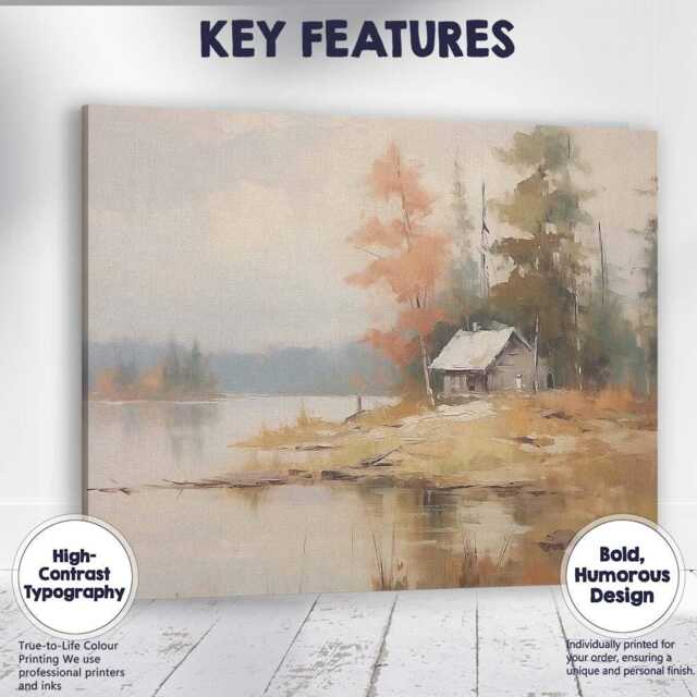 Lakeside Cabin Autumn Trees Tranquil Waterscape Canvas Wall Art Print Decor Picture Ready To Hang - image 1