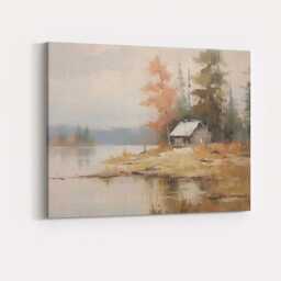 Lakeside Cabin Autumn Trees Tranquil Waterscape Canvas Wall Art Print Decor Picture Ready To Hang - thumbnail 4