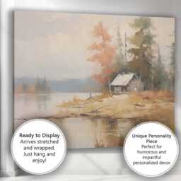 Lakeside Cabin Autumn Trees Tranquil Waterscape Canvas Wall Art Print Decor Picture Ready To Hang - thumbnail 3