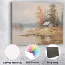 Lakeside Cabin Autumn Trees Tranquil Waterscape Canvas Wall Art Print Decor Picture Ready To Hang - thumbnail 2