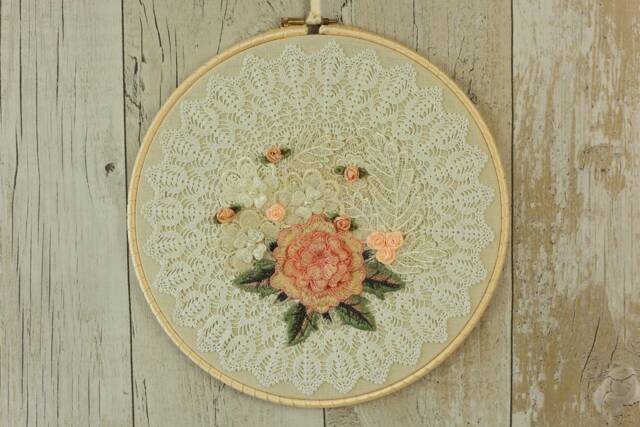 Shabby Chic Embroidery Hoop Art Lace Doily Floral Wall Decor - image 1