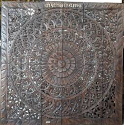 Natural Large White Reclaimed Teak Wood King Size Bed Bohemian Headboard Lotus Mandala Wooden Craved Carving Art Panel Wall Home Decor Thai