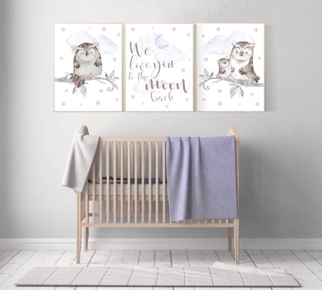 Lilac Owl Nursery Art Lavender Purple Baby Room Prints - image 1