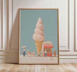 Surreal Ice Cream Wall Art Print Retro Pop Poster Whimsical Pastel Dessert Shop Illustration Aesthetic Minimalist Kitchen Decor Unframed
