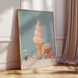 Surreal Ice Cream Wall Art Print Retro Pop Poster Whimsical Pastel Dessert Shop Illustration Aesthetic Minimalist Kitchen Decor Unframed - thumbnail 2
