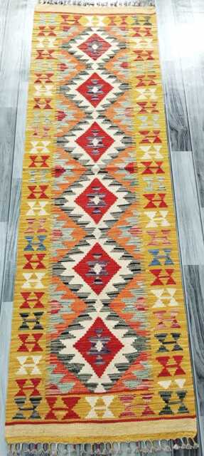 Multicolour Runner Rug, Handmade Artisan Afghan Turkish Scandinavian Navajo Bohemian Flatweave Wool Kilim Rug 205x64 cm - image 1