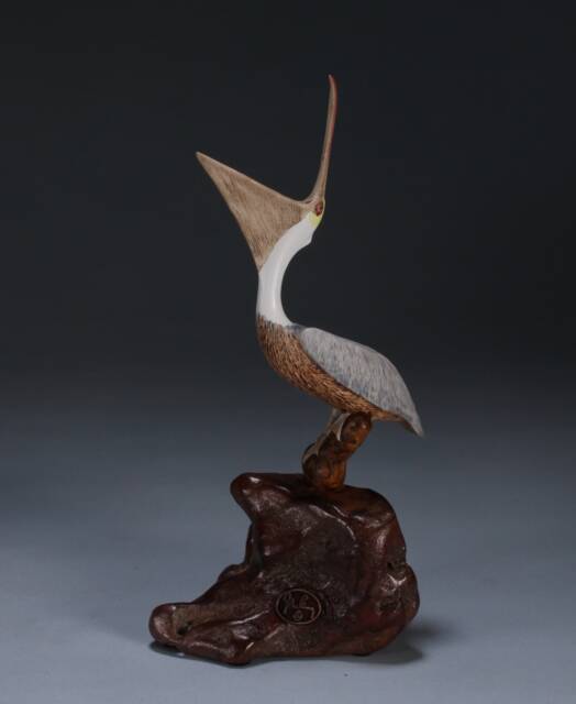 Pelican Sculpture By John Perry Laughing 7In Tall On Polished Burlwood Base - image 1